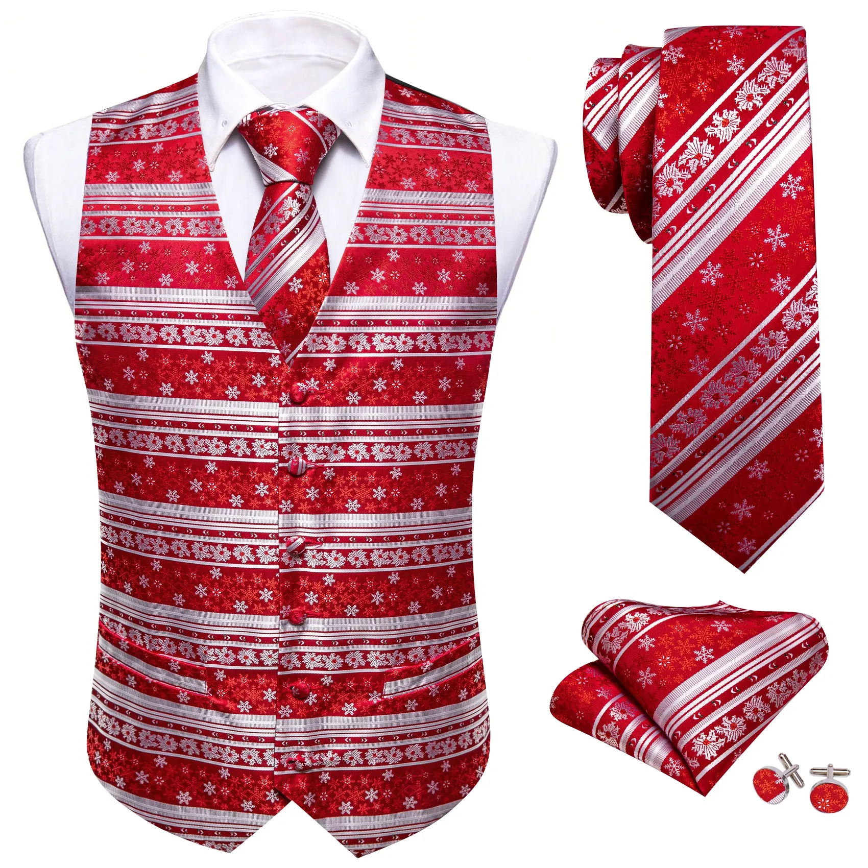 Red Silver Christmas Element Silk Tie Waistcoat Vest Hanky Cufflinks Set sold by Barrywang product image thumbnail 5