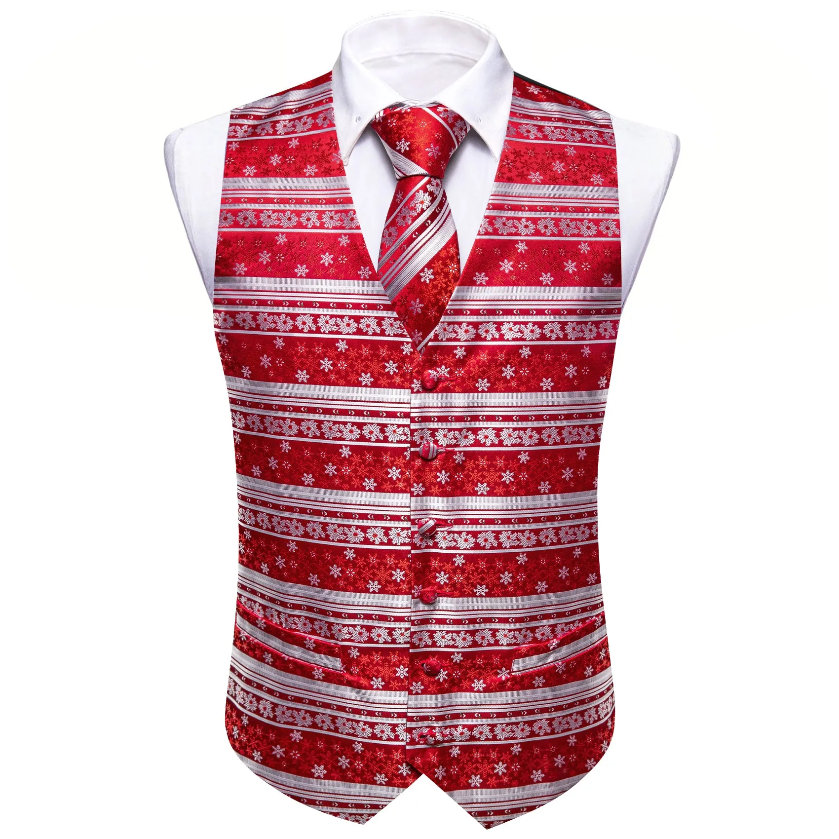 Red Silver Christmas Element Silk Tie Waistcoat Vest Hanky Cufflinks Set sold by Barrywang product image thumbnail 2