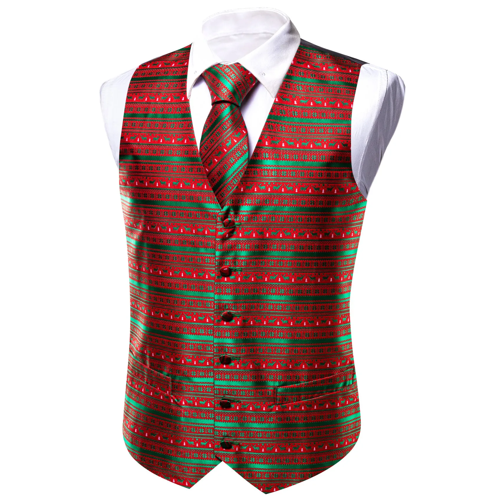 Christmas Red Green Elk Silk Tie Waistcoat Vest Hanky Cufflinks Set sold by Barrywang product image thumbnail 3