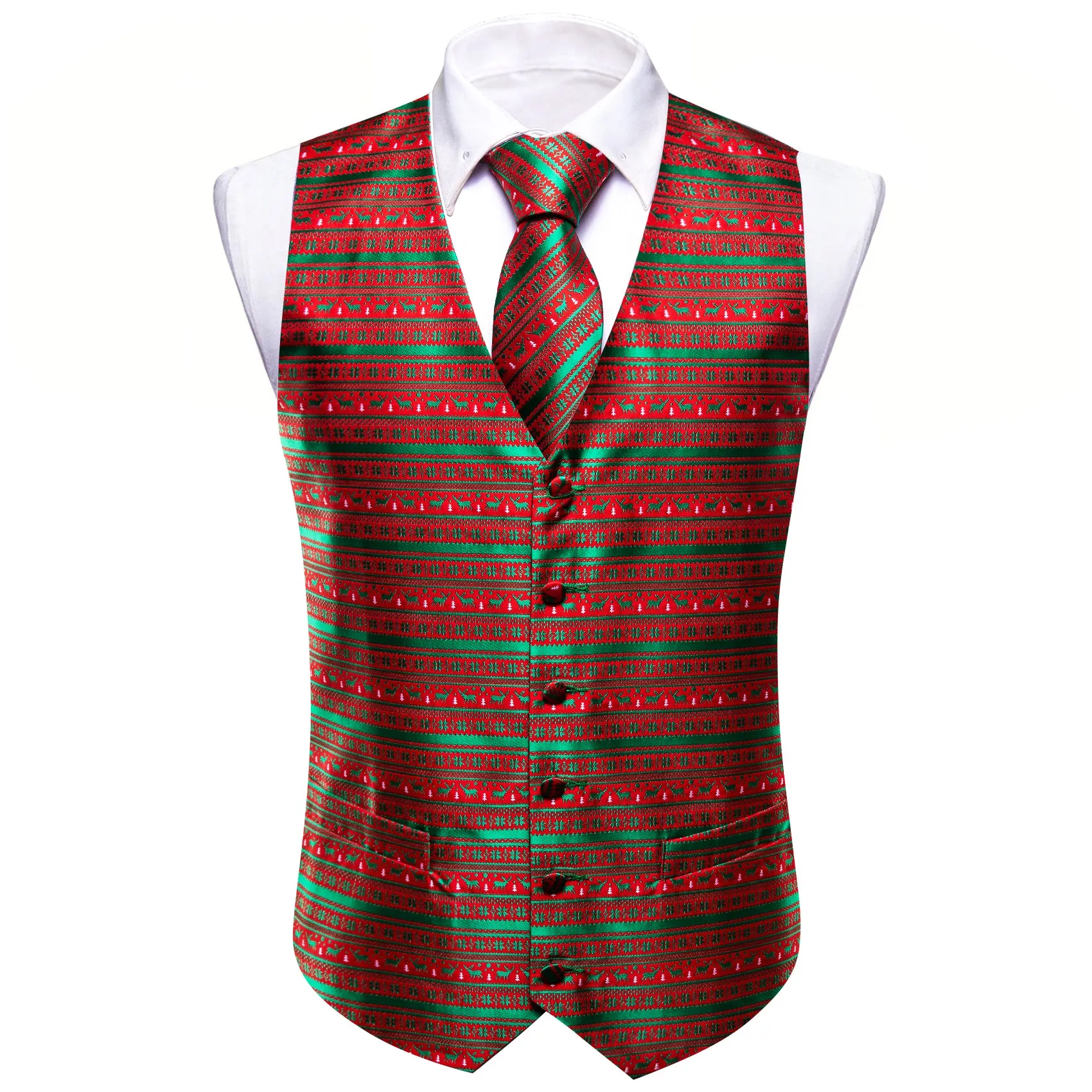 Christmas Red Green Elk Silk Tie Waistcoat Vest Hanky Cufflinks Set sold by Barrywang product image thumbnail 2