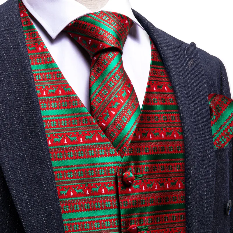 Christmas Red Green Elk Silk Tie Waistcoat Vest Hanky Cufflinks Set sold by Barrywang