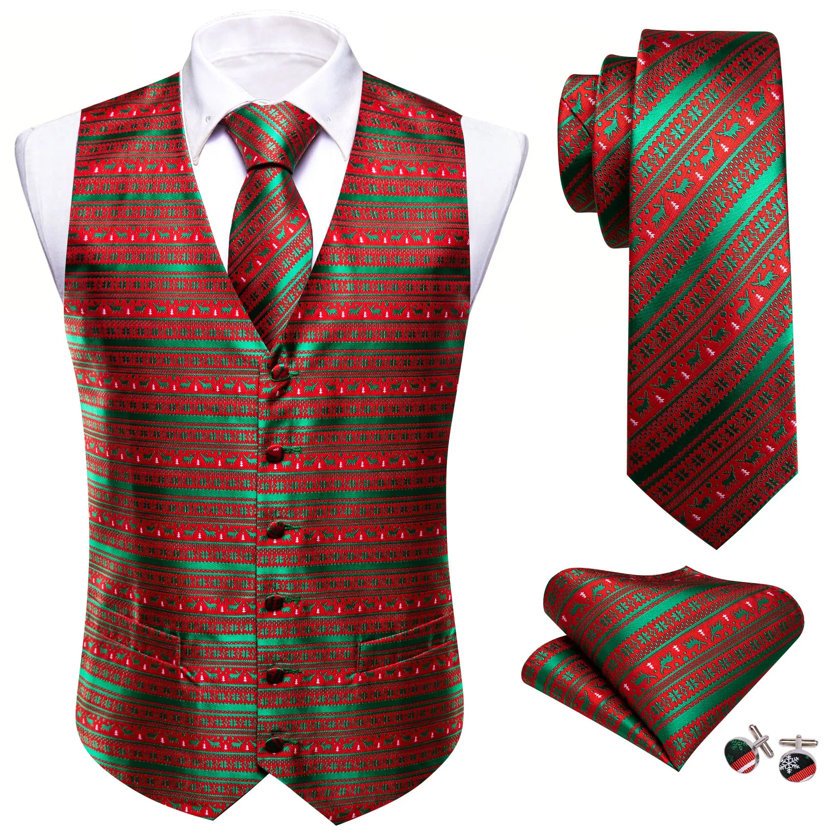Christmas Red Green Elk Silk Tie Waistcoat Vest Hanky Cufflinks Set sold by Barrywang product image thumbnail 5