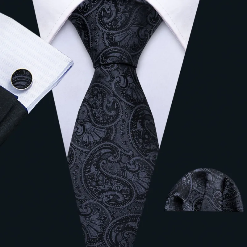 Classic Black Floral Silk Tie Hanky Cufflinks Set sold by Barrywang