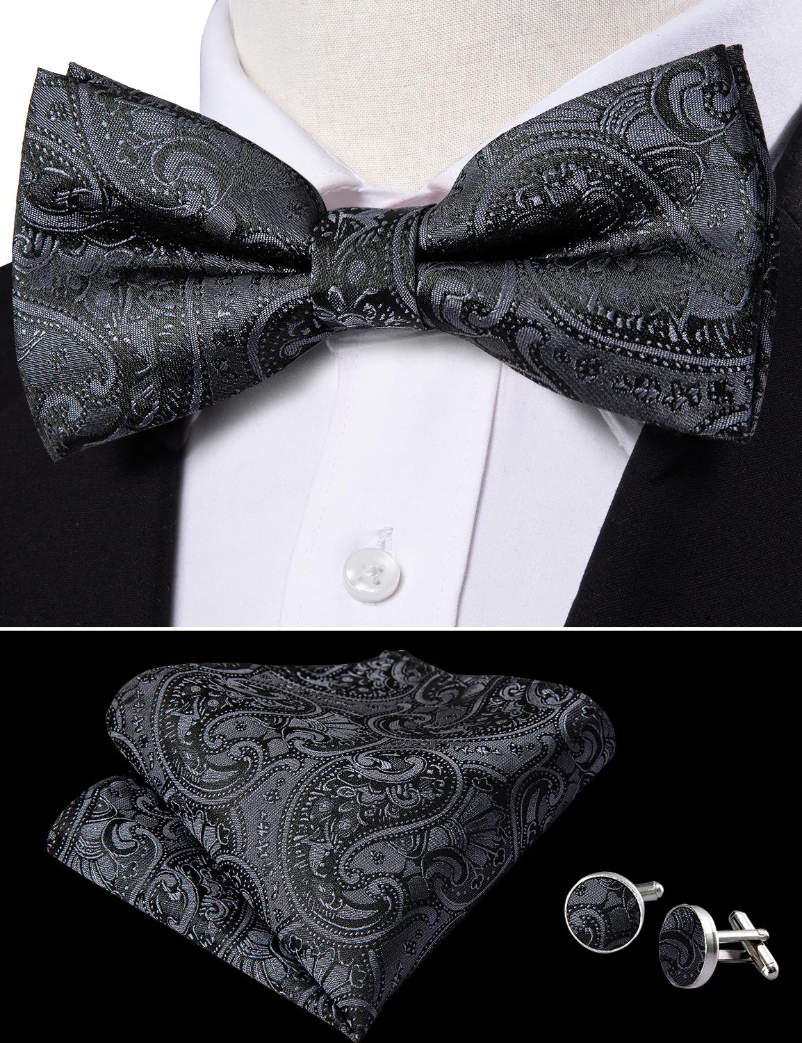 Barry. Wang Black Paisley Bow Tie Hanky Cufflinks Set sold by Barrywang product image thumbnail 3
