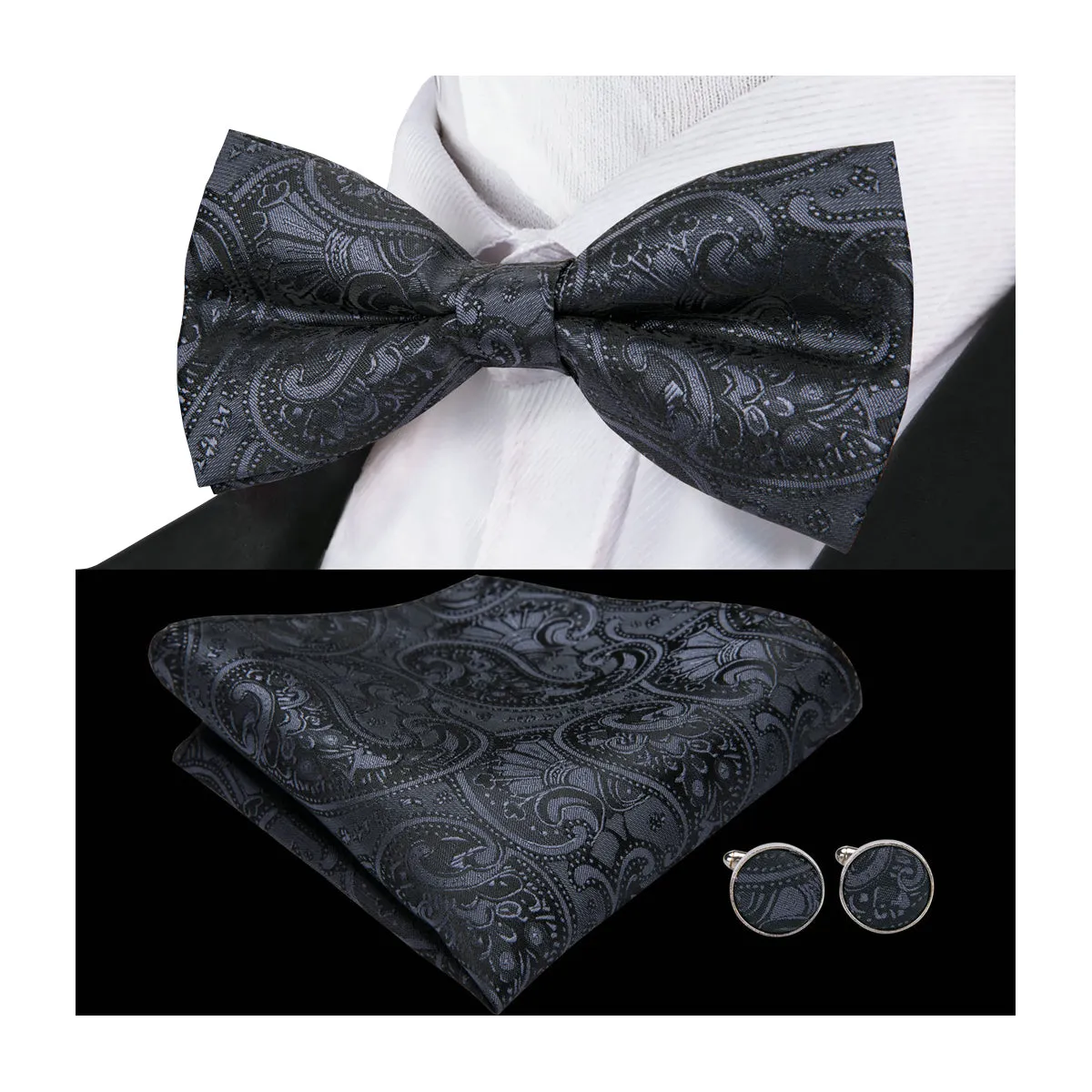 Barry. Wang Black Paisley Bow Tie Hanky Cufflinks Set sold by Barrywang
