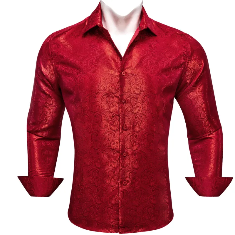 Barry Wang Long Sleeve Shirt Strong Red Paisley Silk Men's Dress Shirt sold by Barrywang