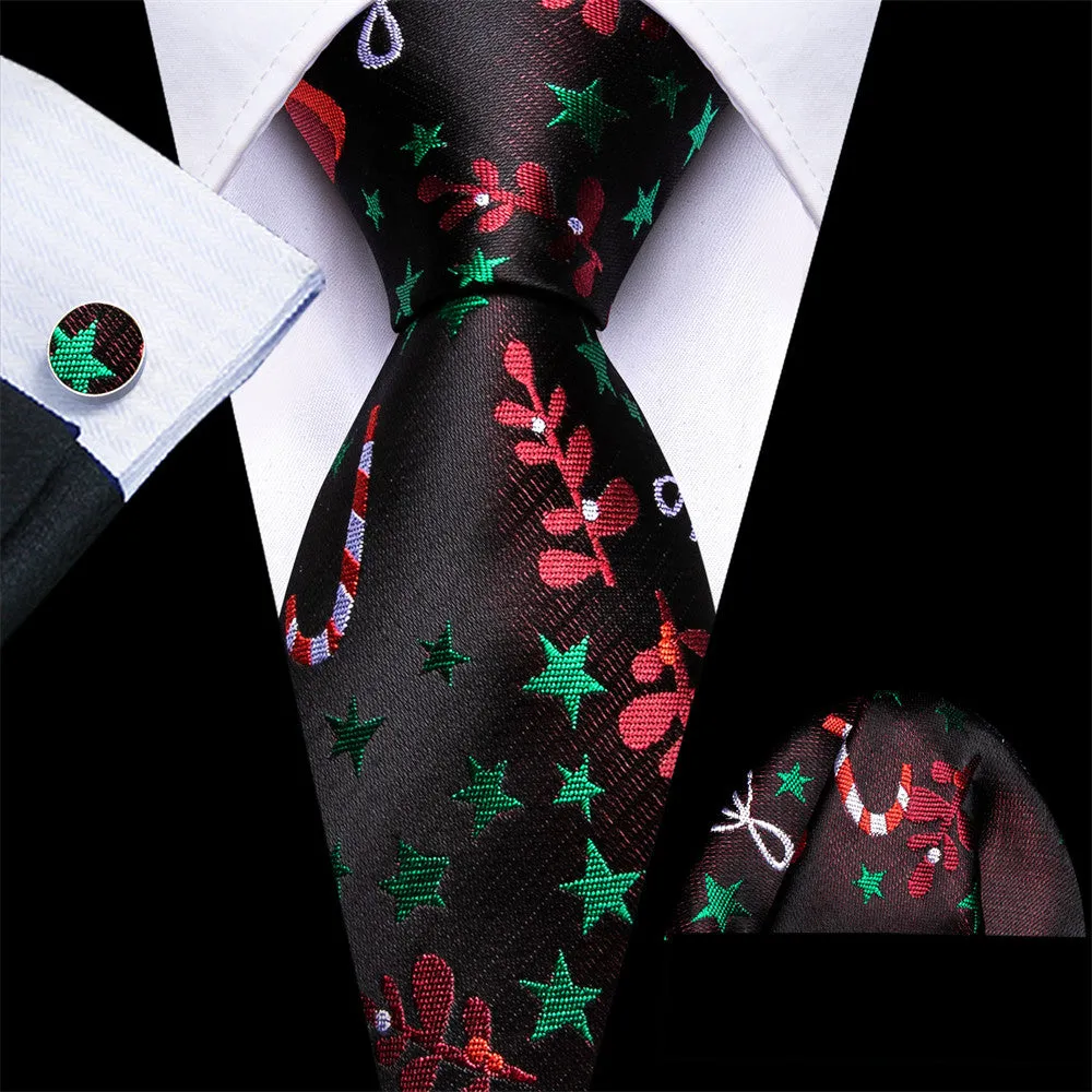 Barry Wang Black Green Star Red Floral Christmas Necktie Set sold by Barrywang