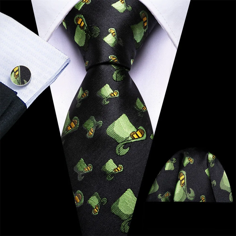 Barry Wang Black Green Hat Holiday Designer Necktie Hanky Cufflinks Set sold by Barrywang