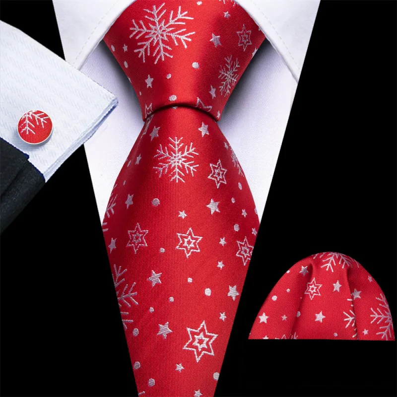 Barry Wang Silk Red White Snow Christmas Necktie Set for Men made by Barrywang