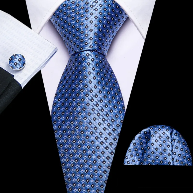 Barry Wang Blue Tie Classic Plaid Mens Dress Work Tie Pocket Square Cufflinks Set sold by Barrywang