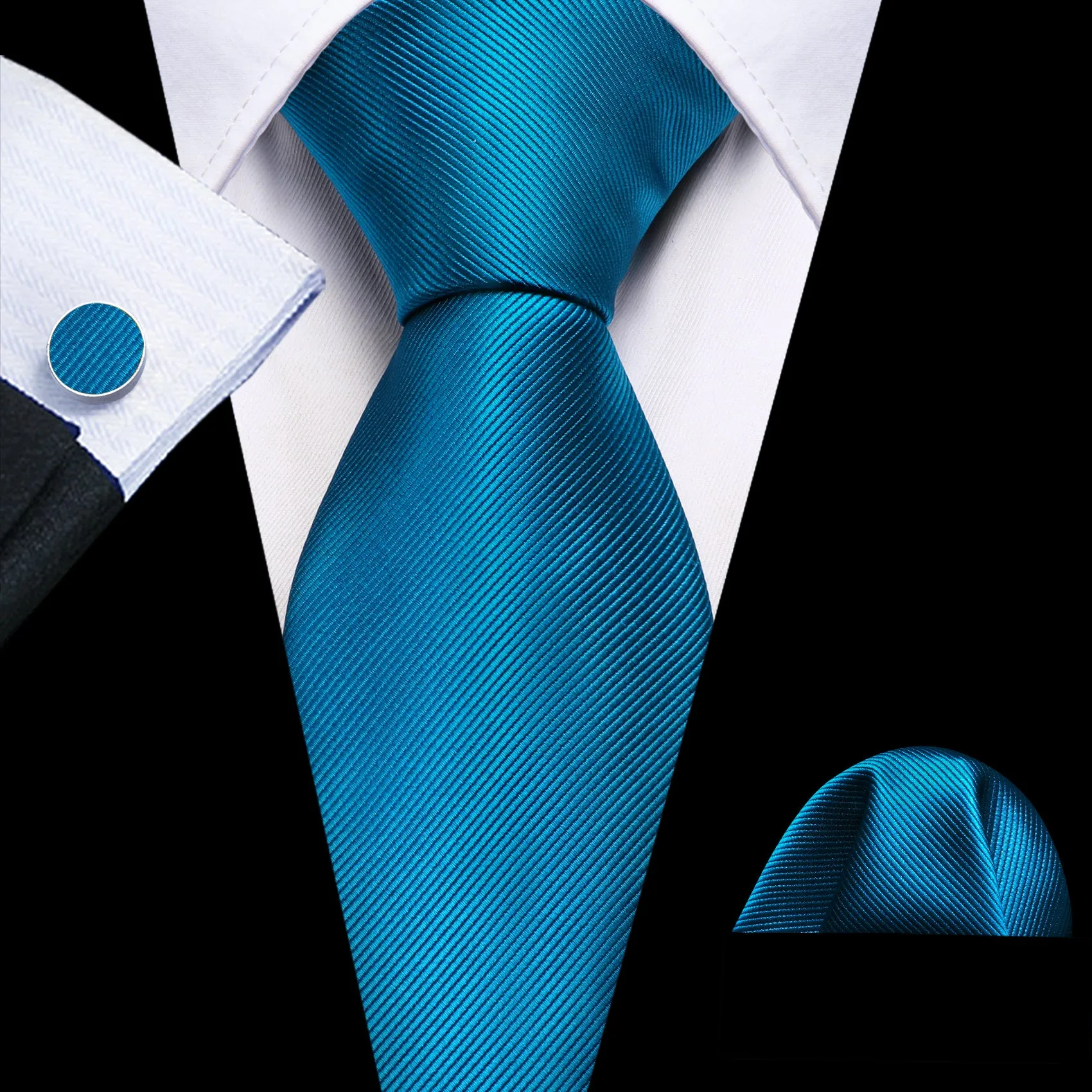 Barry Wang Deep Sky Blue Solid Silk Necktie Handkerchief Cufflinks Set sold by Barrywang