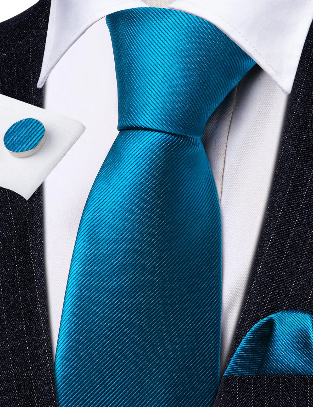 Barry Wang Deep Sky Blue Solid Silk Necktie Handkerchief Cufflinks Set sold by Barrywang product image thumbnail 3