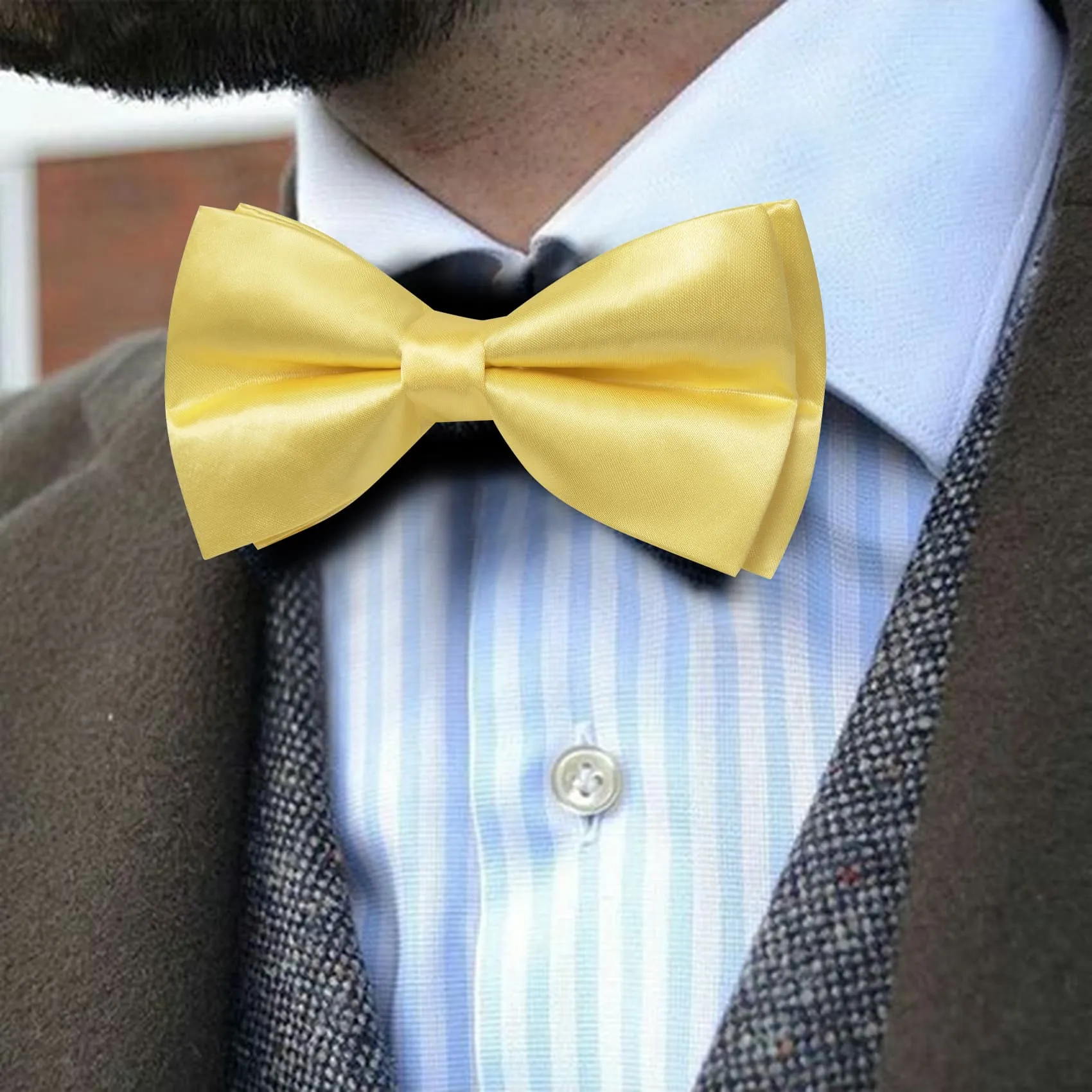 Barry. Wang Silk Bowtie Flavescent Yellow Solid Mens Pre-tied Bow Tie Set sold by Barrywang product image thumbnail 3