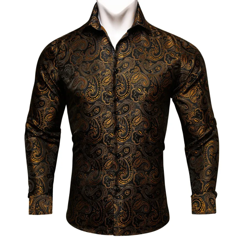 Barry. Wang Long Sleeve Shirt Black Golden Paisley Silk Shirt sold by Barrywang