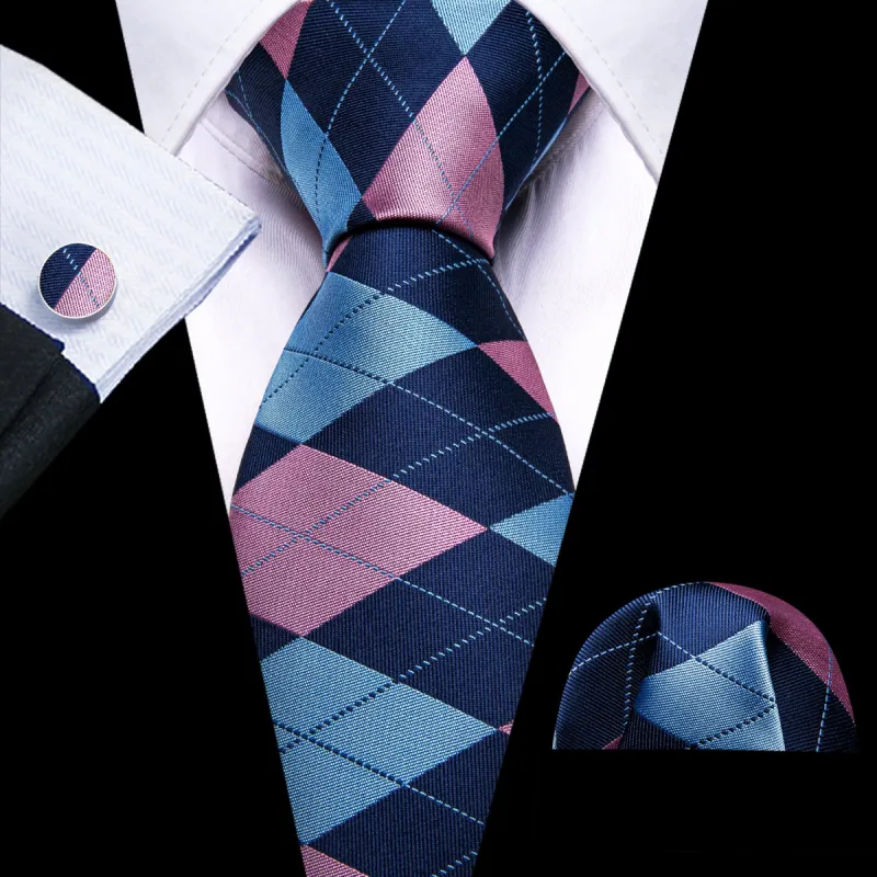 Barry Wang Beautiful Blue Pink Plaid Tie Pocket Square Cufflinks Set sold by Barrywang