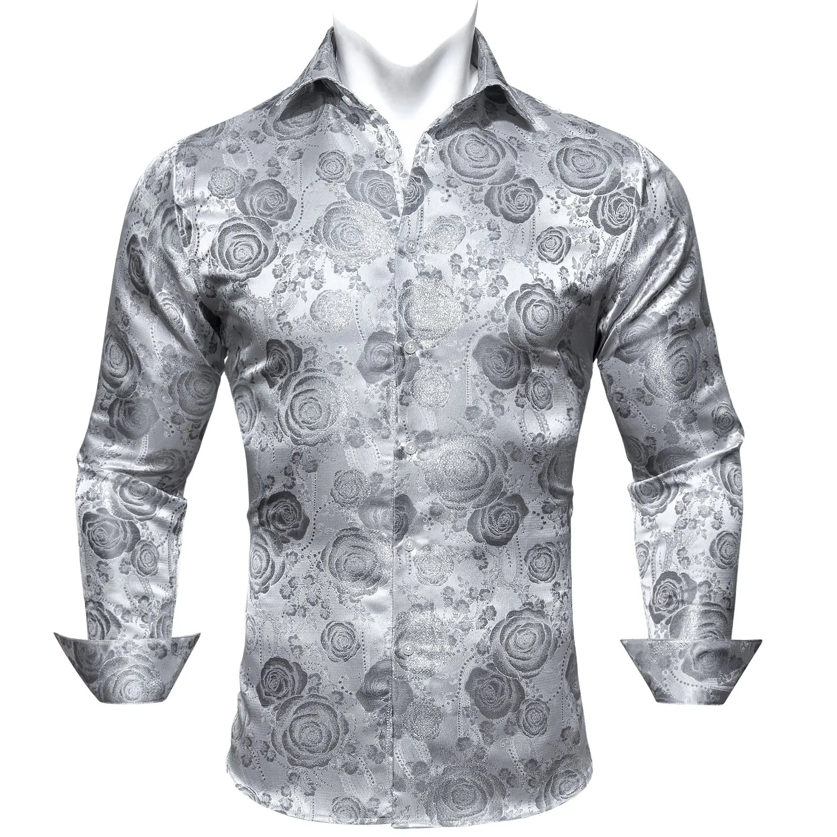 Barry.wang Button Down Shirt Silver Flower Men's Silk Long Sleeve Shirt Fashion sold by Barrywang product image thumbnail 4