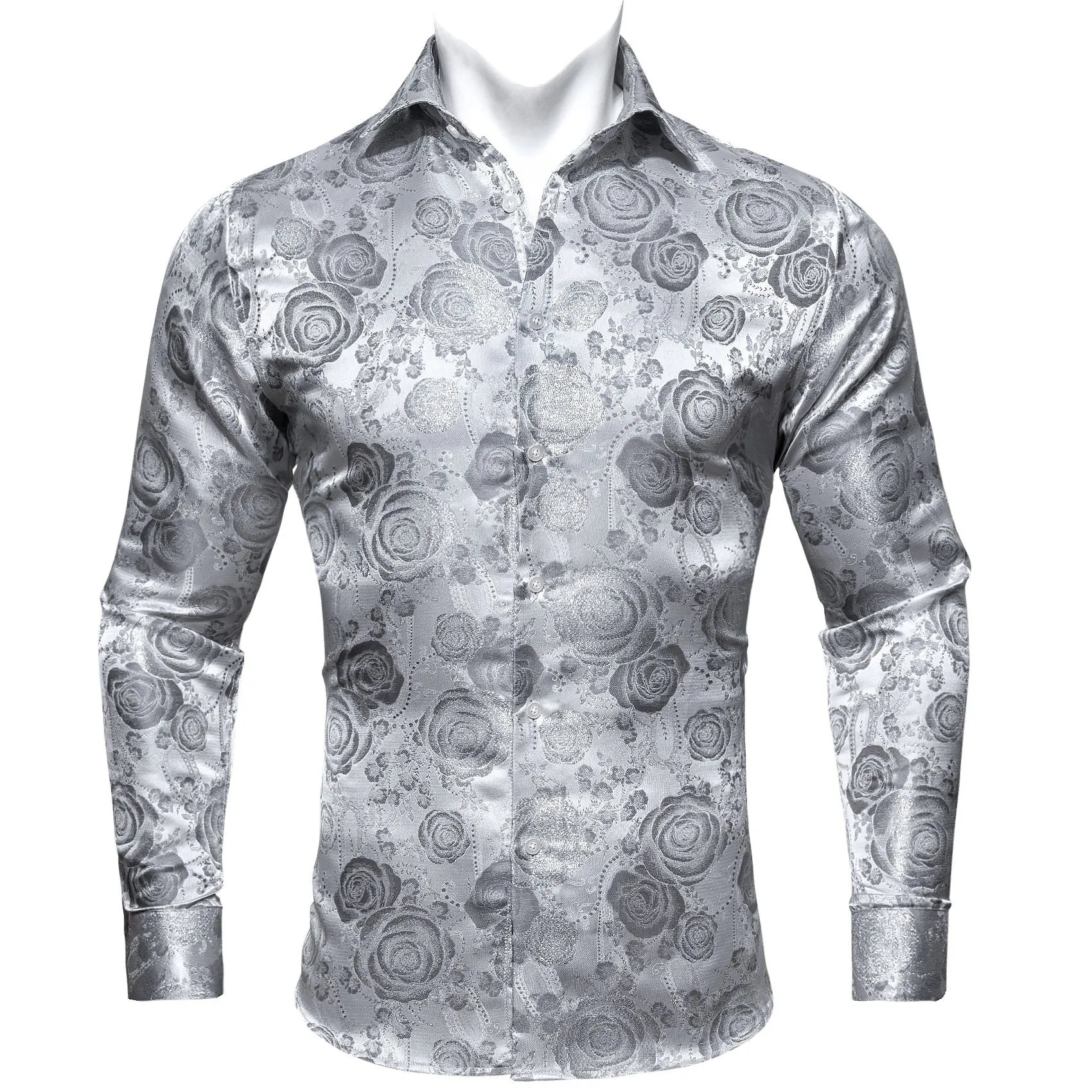 Barry.wang Button Down Shirt Silver Flower Men's Silk Long Sleeve Shirt Fashion sold by Barrywang product image thumbnail 2