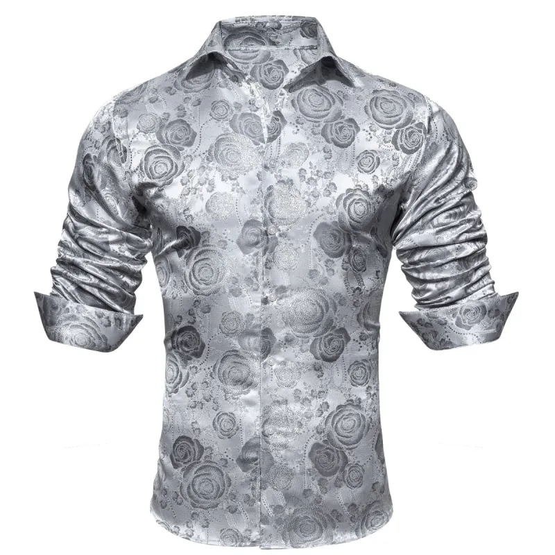 Barry.wang Button Down Shirt Silver Flower Men's Silk Long Sleeve Shirt Fashion sold by Barrywang