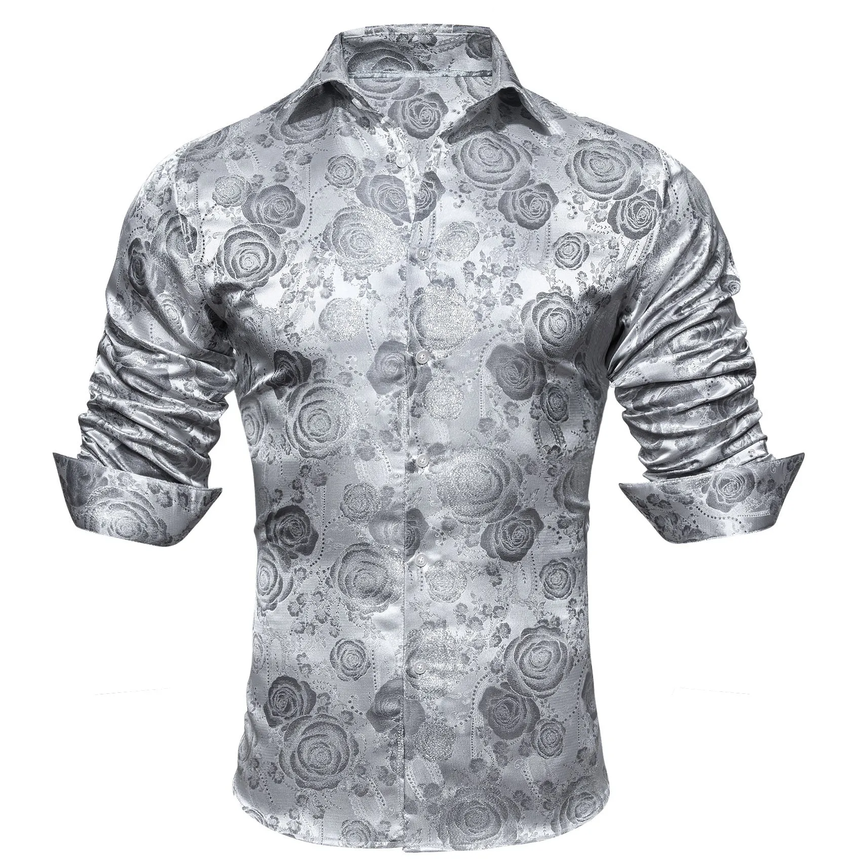 Barry.wang Button Down Shirt Silver Flower Men's Silk Long Sleeve Shirt Fashion sold by Barrywang