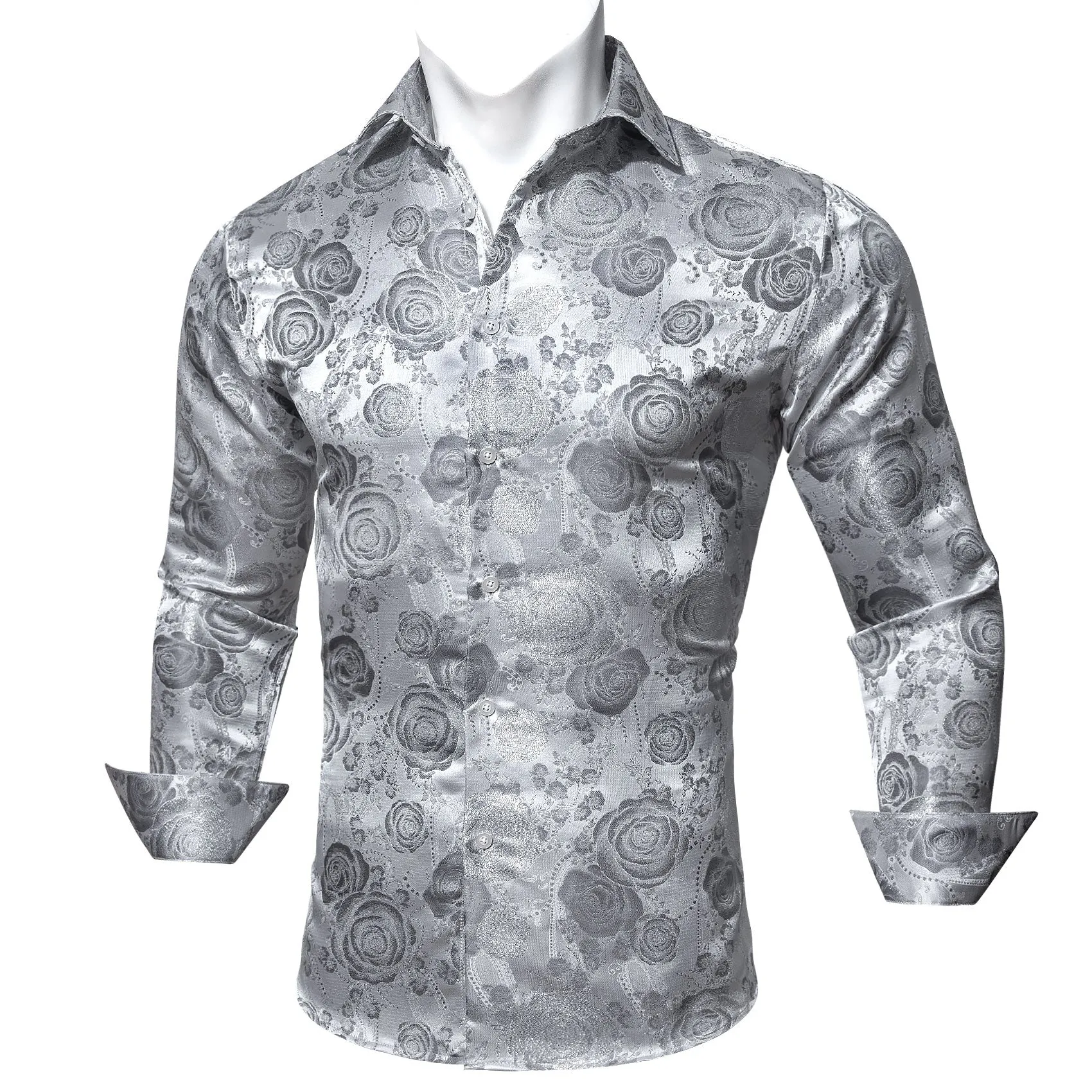 Barry.wang Button Down Shirt Silver Flower Men's Silk Long Sleeve Shirt Fashion sold by Barrywang product image thumbnail 5