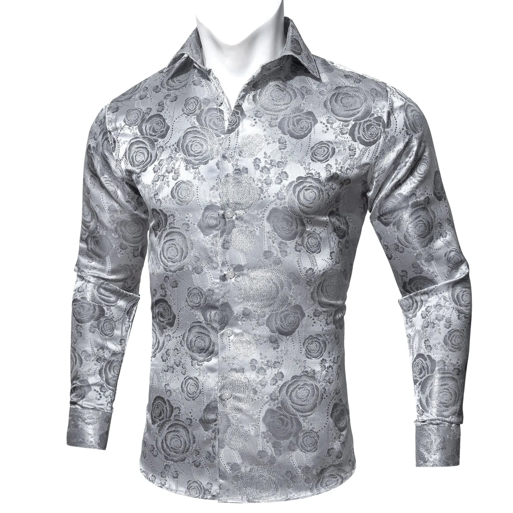 Barry.wang Button Down Shirt Silver Flower Men's Silk Long Sleeve Shirt Fashion sold by Barrywang product image thumbnail 3