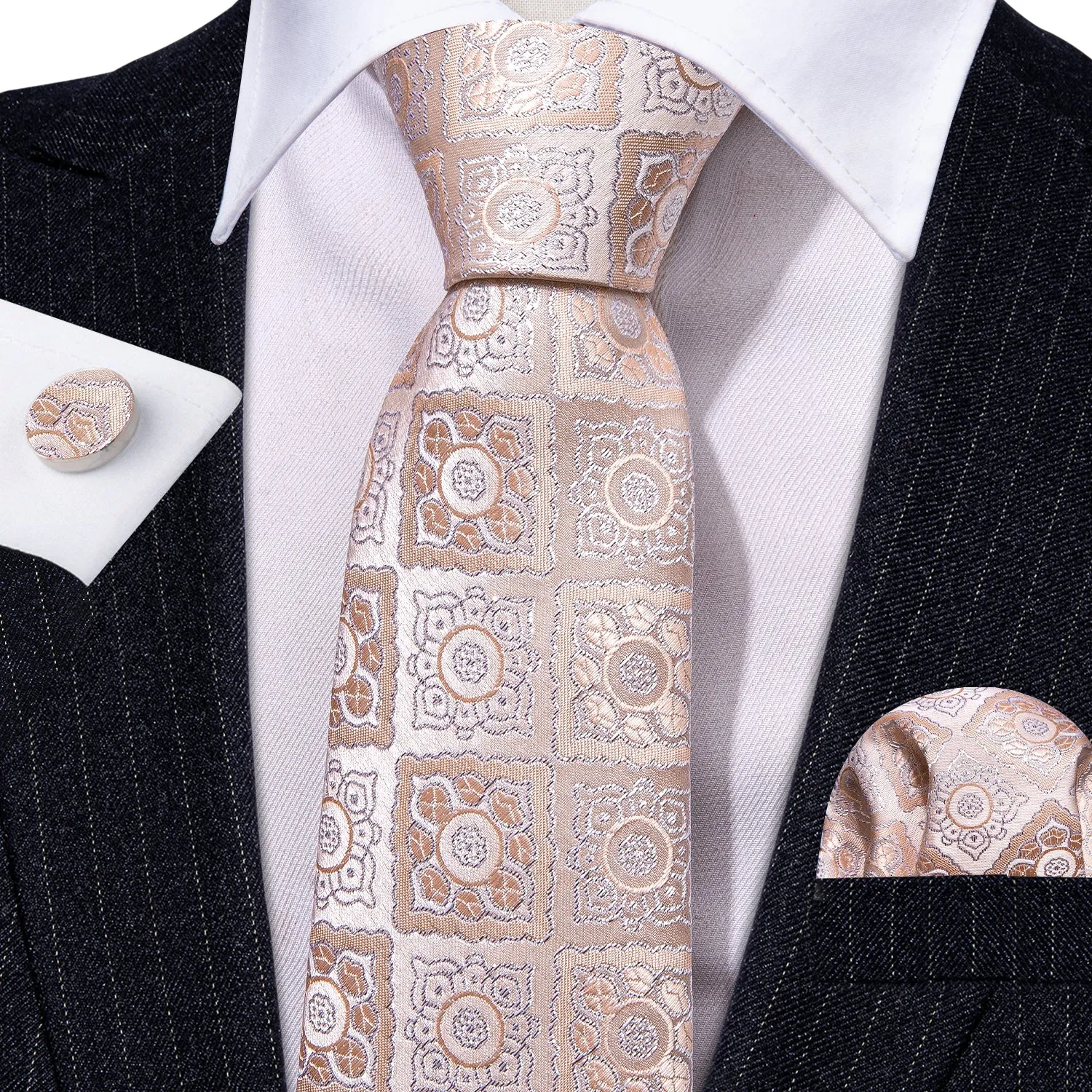 Silver Pink Plaid Tie Pocket Square Cufflinks Set sold by Barrywang product image thumbnail 3