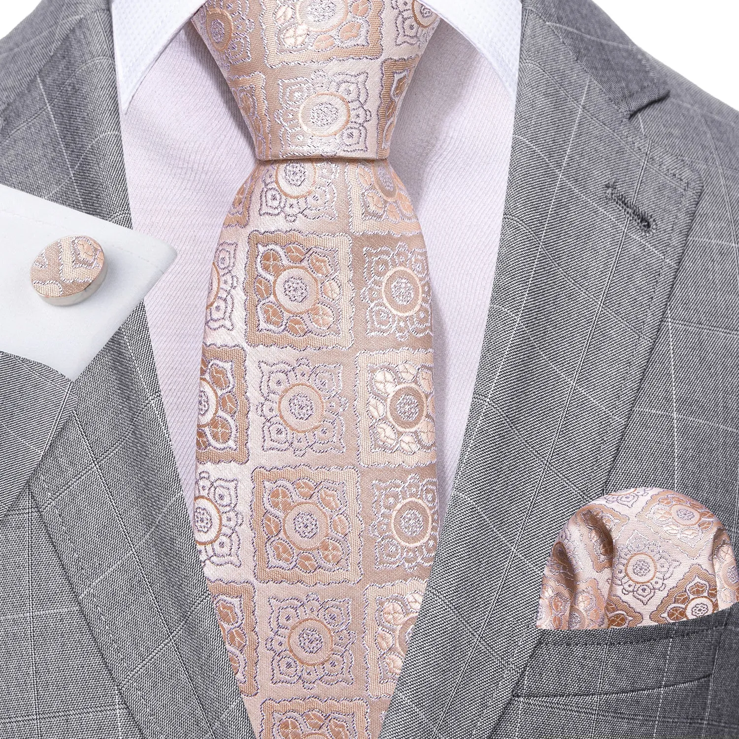 Silver Pink Plaid Tie Pocket Square Cufflinks Set sold by Barrywang product image thumbnail 2