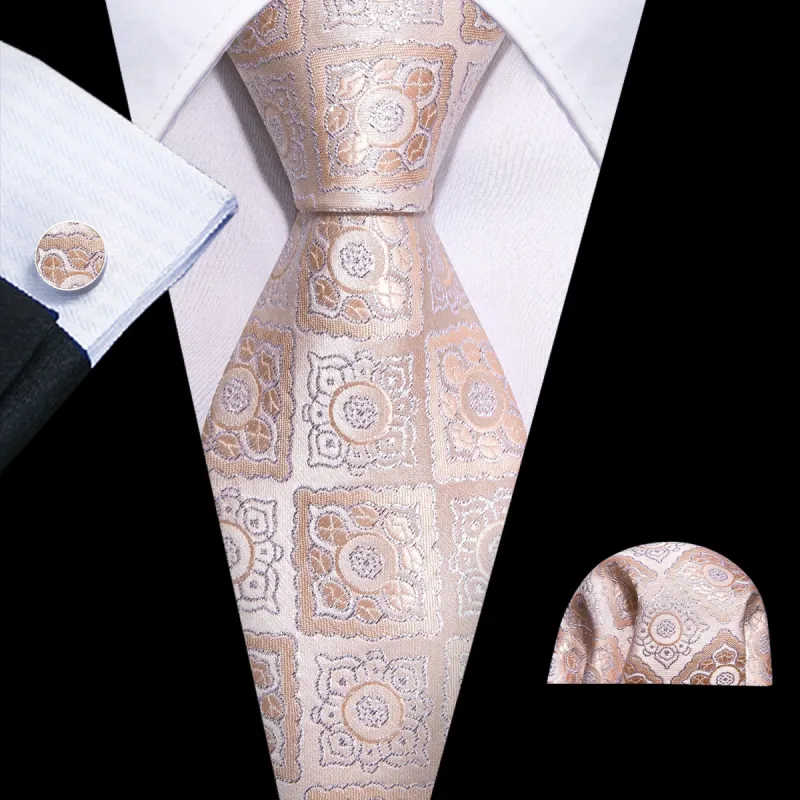 Silver Pink Plaid Tie Pocket Square Cufflinks Set sold by Barrywang