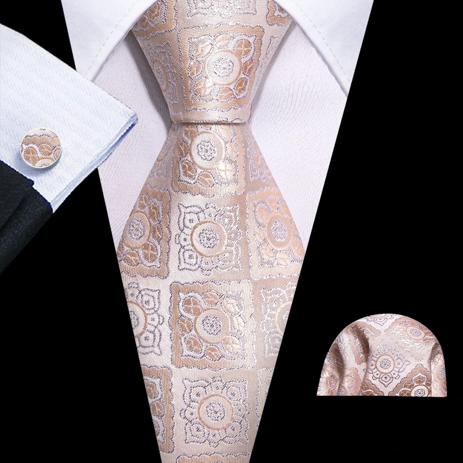 Silver Pink Plaid Tie Pocket Square Cufflinks Set sold by Barrywang