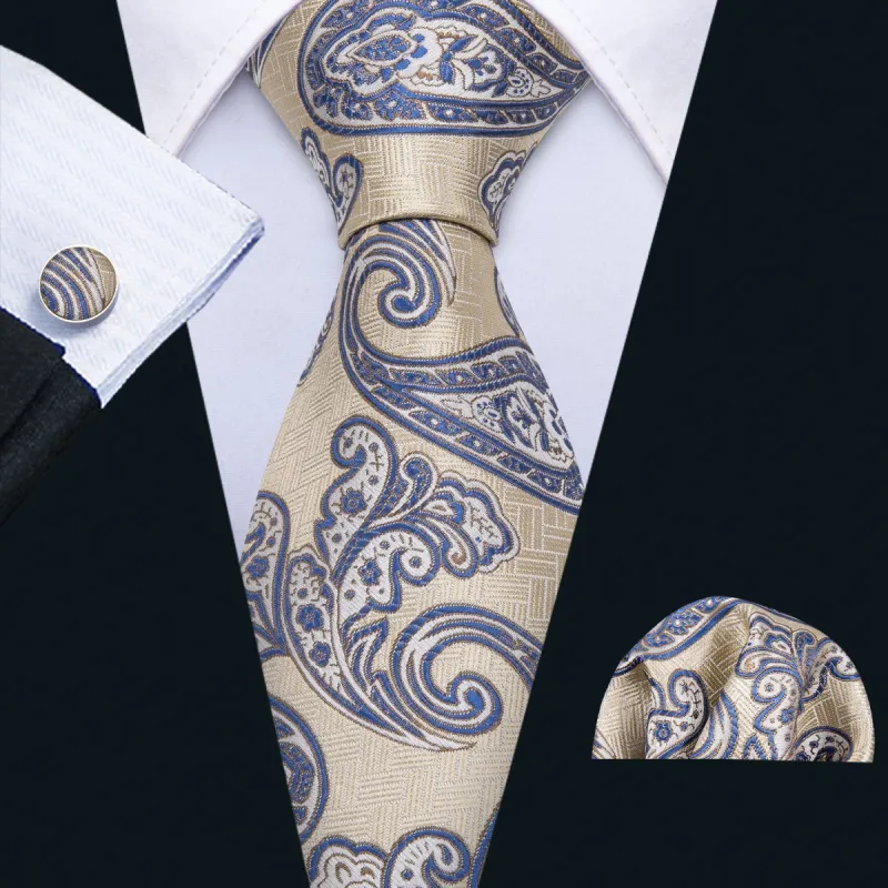 Barry Wang Yellow Tie Blue Paisley Men's Silk Tie Hanky Cufflinks Set sold by Barrywang
