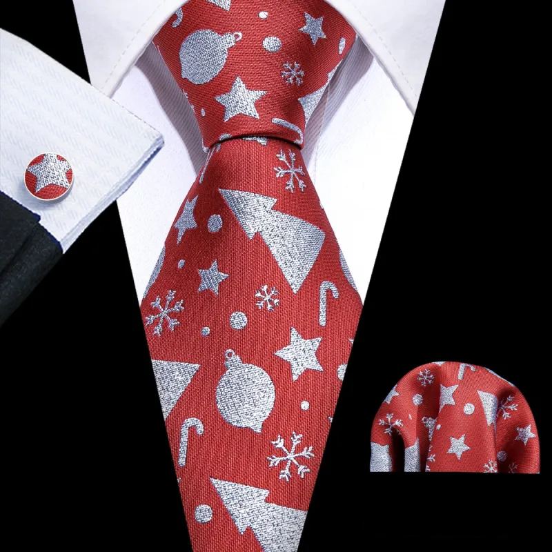 Barry Wang Christmas Red Silver Floral Silk Men's Tie Pocket Square Cufflinks Set sold by Barrywang