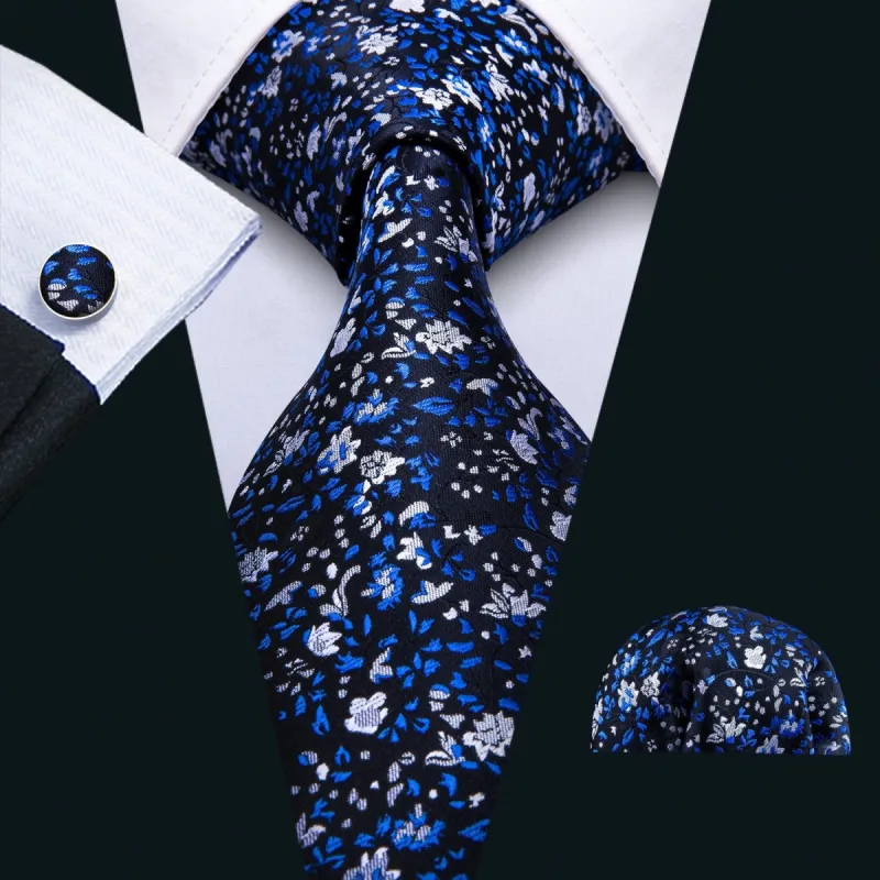 Barry Wang Black Blue Floral Silk Fabric Men's Tie Hanky Cufflinks Set sold by Barrywang