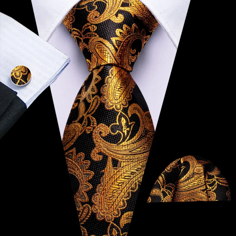 Barry Wang Paisley Necktie Black Golden Jacquard Men's Formal Tie Set sold by Barrywang