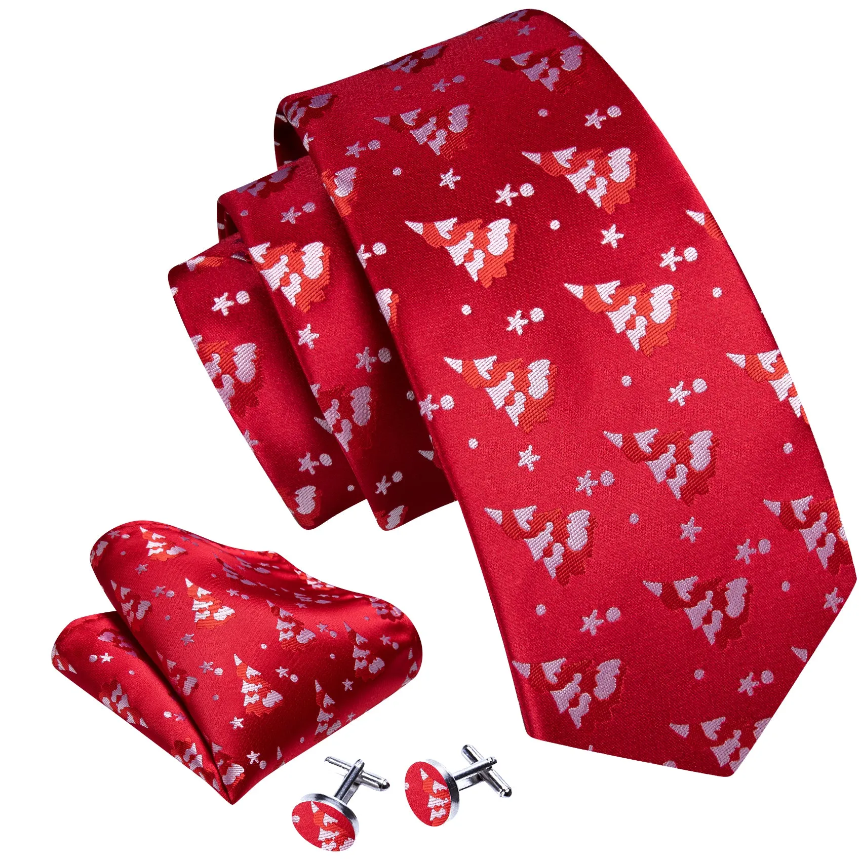 Barry Wang Red White Christmas Tree Tie Pocket Square Cufflinks Set sold by Barrywang product image thumbnail 2