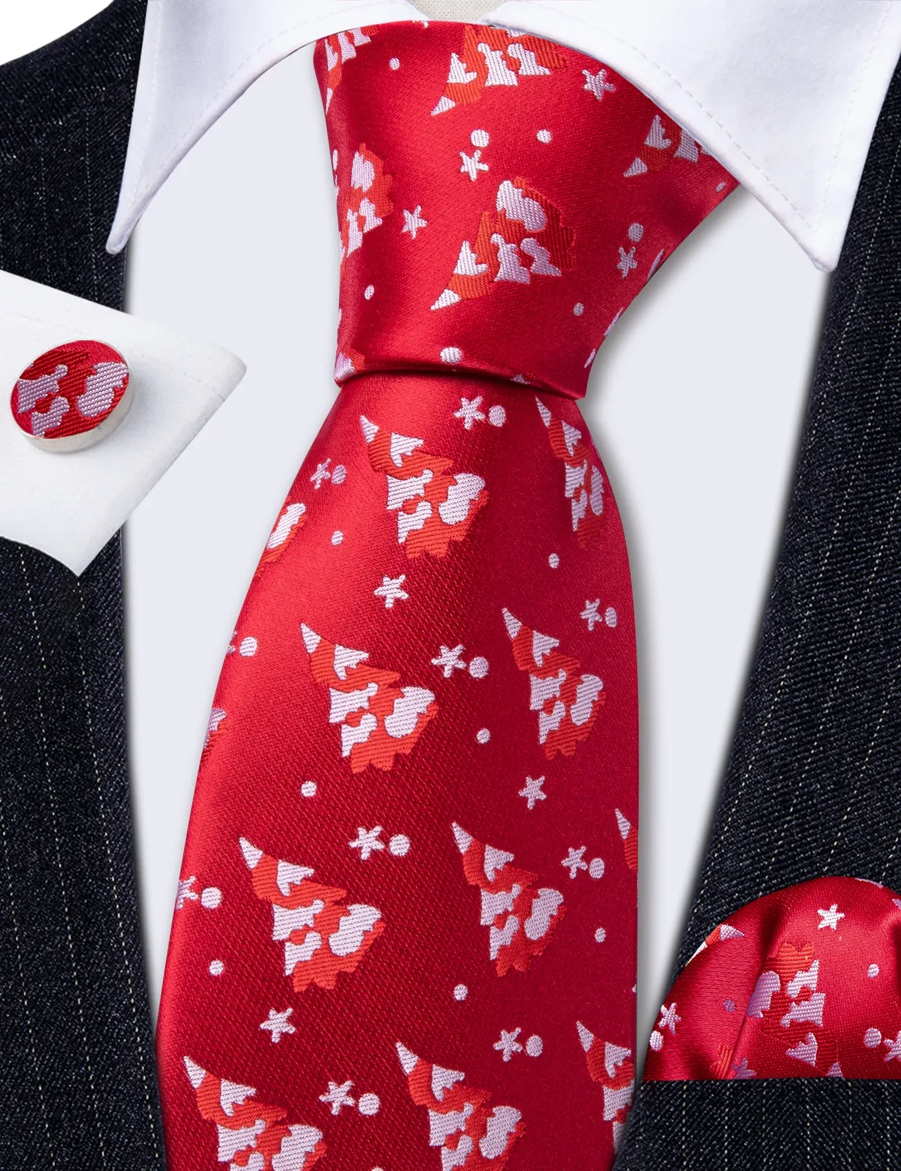 Barry Wang Red White Christmas Tree Tie Pocket Square Cufflinks Set sold by Barrywang product image thumbnail 5