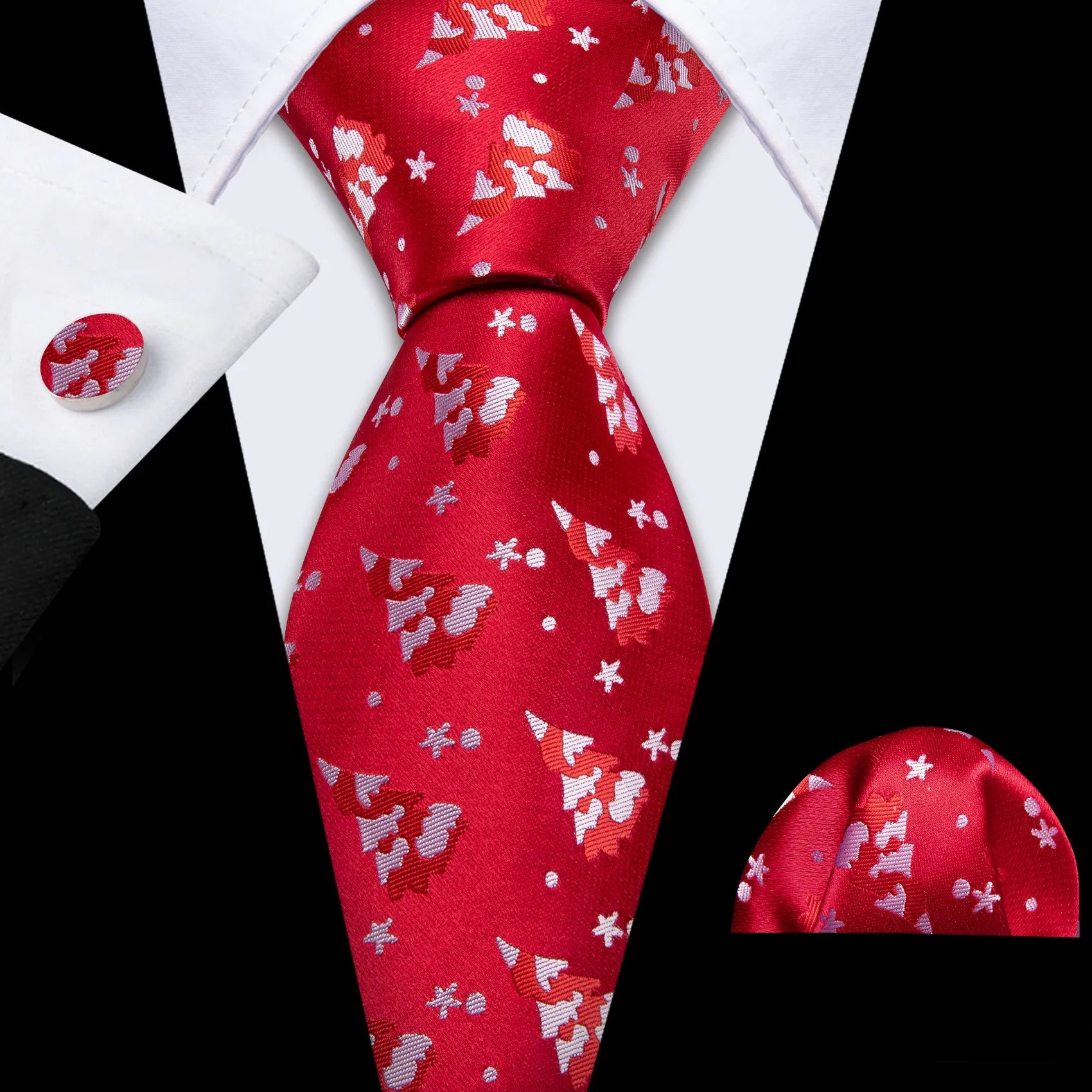 Barry Wang Red White Christmas Tree Tie Pocket Square Cufflinks Set sold by Barrywang