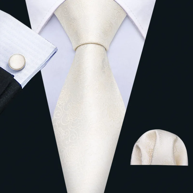 Barry. Wang Champagne Tie Beige Floral Silk Tie Pocket Square Cufflinks Set sold by Barrywang