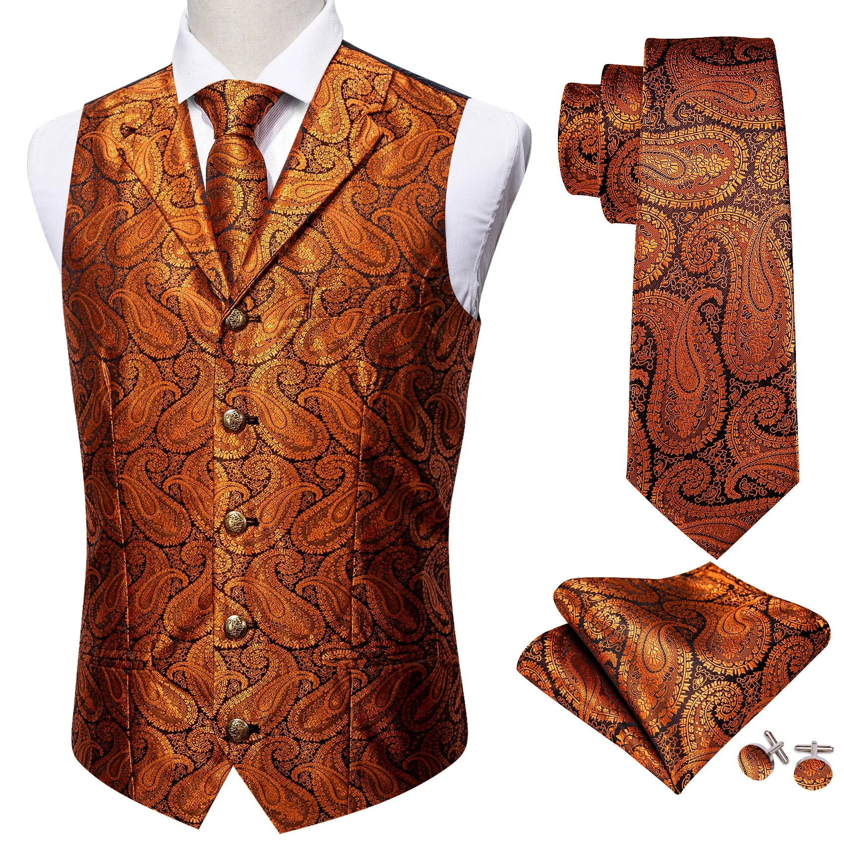 Barry.Wang Men's Vest Shining Orange Paisley Silk Notched Collar Vest Necktie Set sold by Barrywang product image thumbnail 4