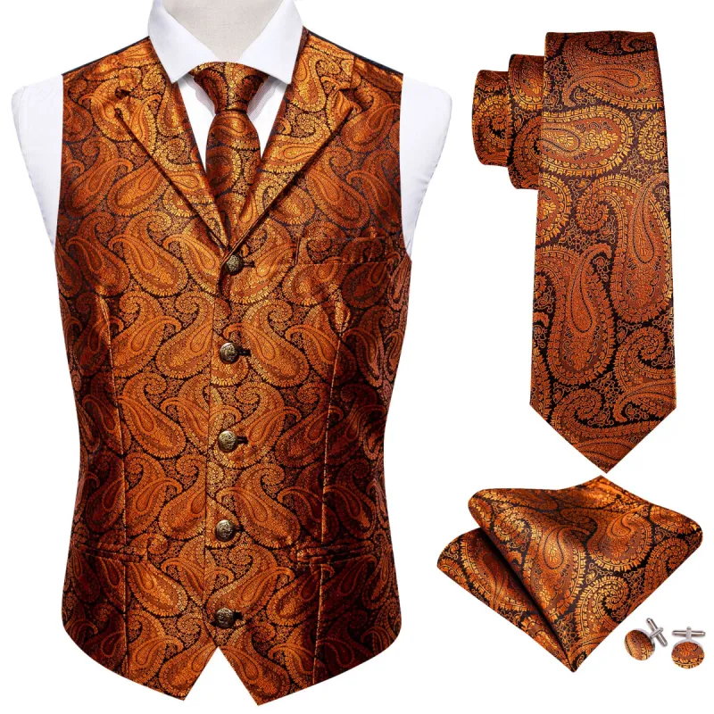 Barry.Wang Men's Vest Shining Orange Paisley Silk Notched Collar Vest Necktie Set sold by Barrywang