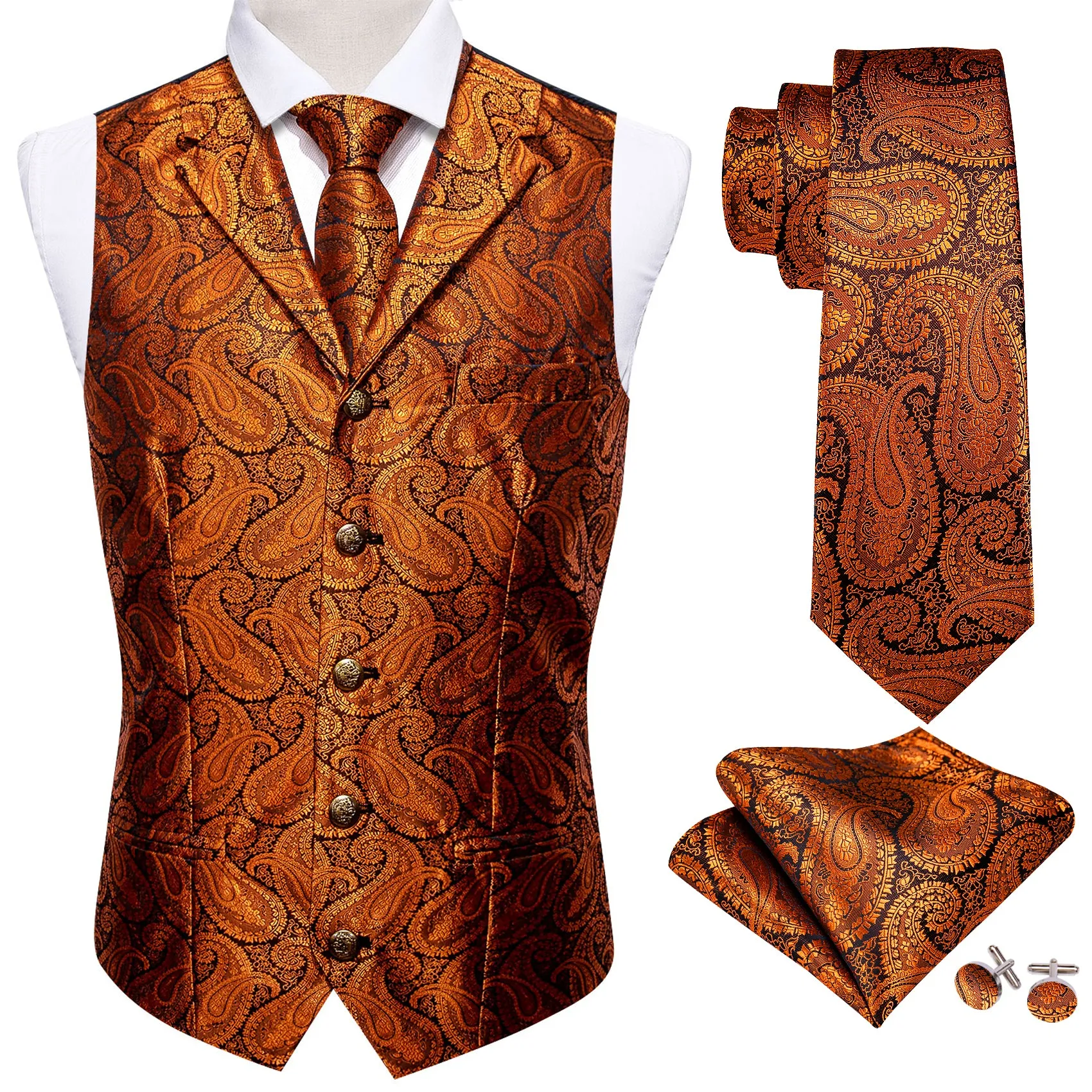 Barry.Wang Men's Vest Shining Orange Paisley Silk Notched Collar Vest Necktie Set sold by Barrywang