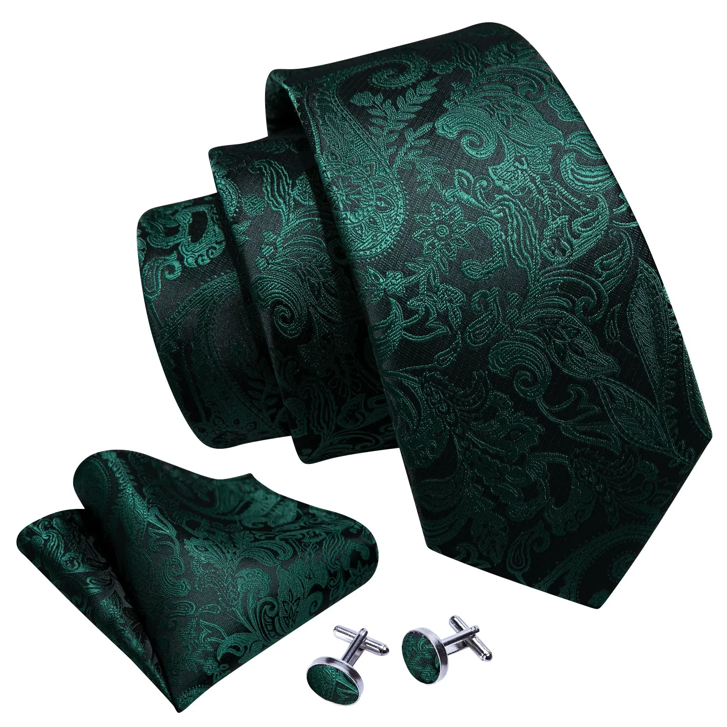 Black Friday Deal Barry Wang Dark Green TIe Black Paisley Silk Tie Hanky Cufflinks Set sold by Barrywang product image thumbnail 2