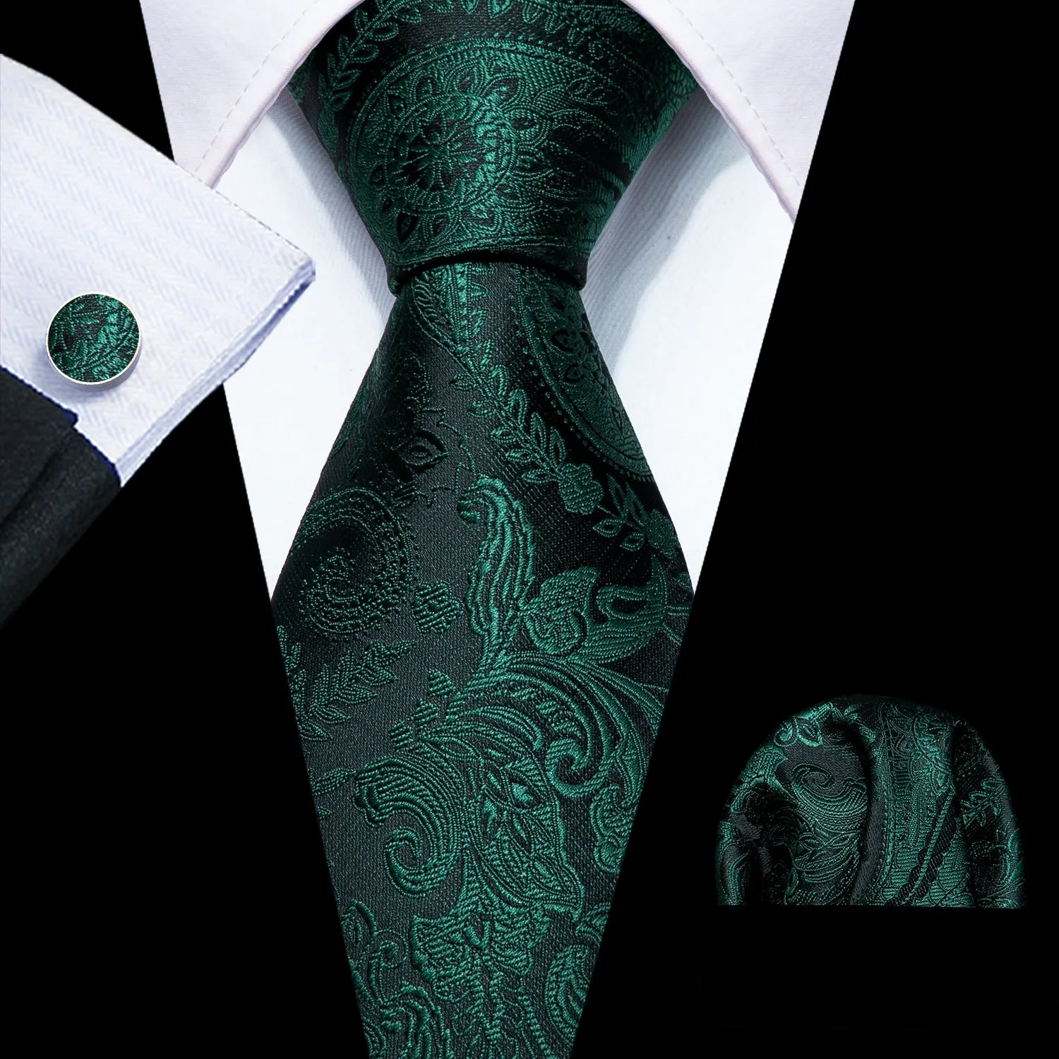 Black Friday Deal Barry Wang Dark Green TIe Black Paisley Silk Tie Hanky Cufflinks Set sold by Barrywang