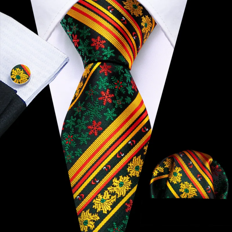 Black Friday Deals Barry Wang Green Gold Snowflake Stripes Mens Christmas Tie Set sold by Barrywang