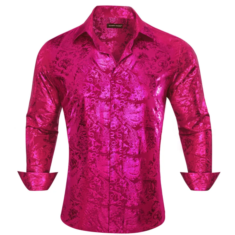 Barry.wang Men's Shirt Magenta Pink Bronzing Floral Button Down Long Sleeve Shirt sold by Barrywang