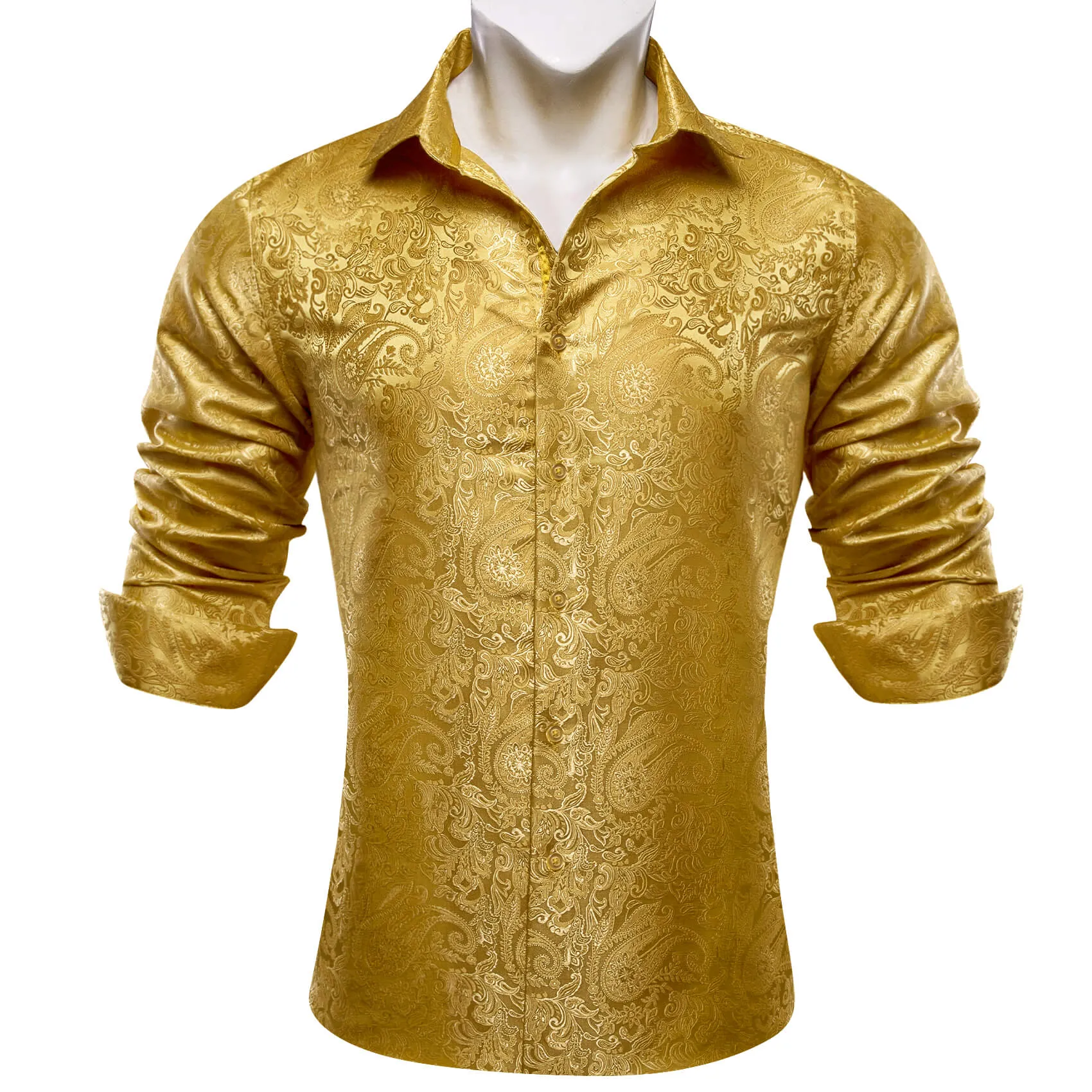 Barry Wang Men's Shirt Golden Jacquard Paisley Silk Long Sleeve Shirt sold by Barrywang product image thumbnail 3