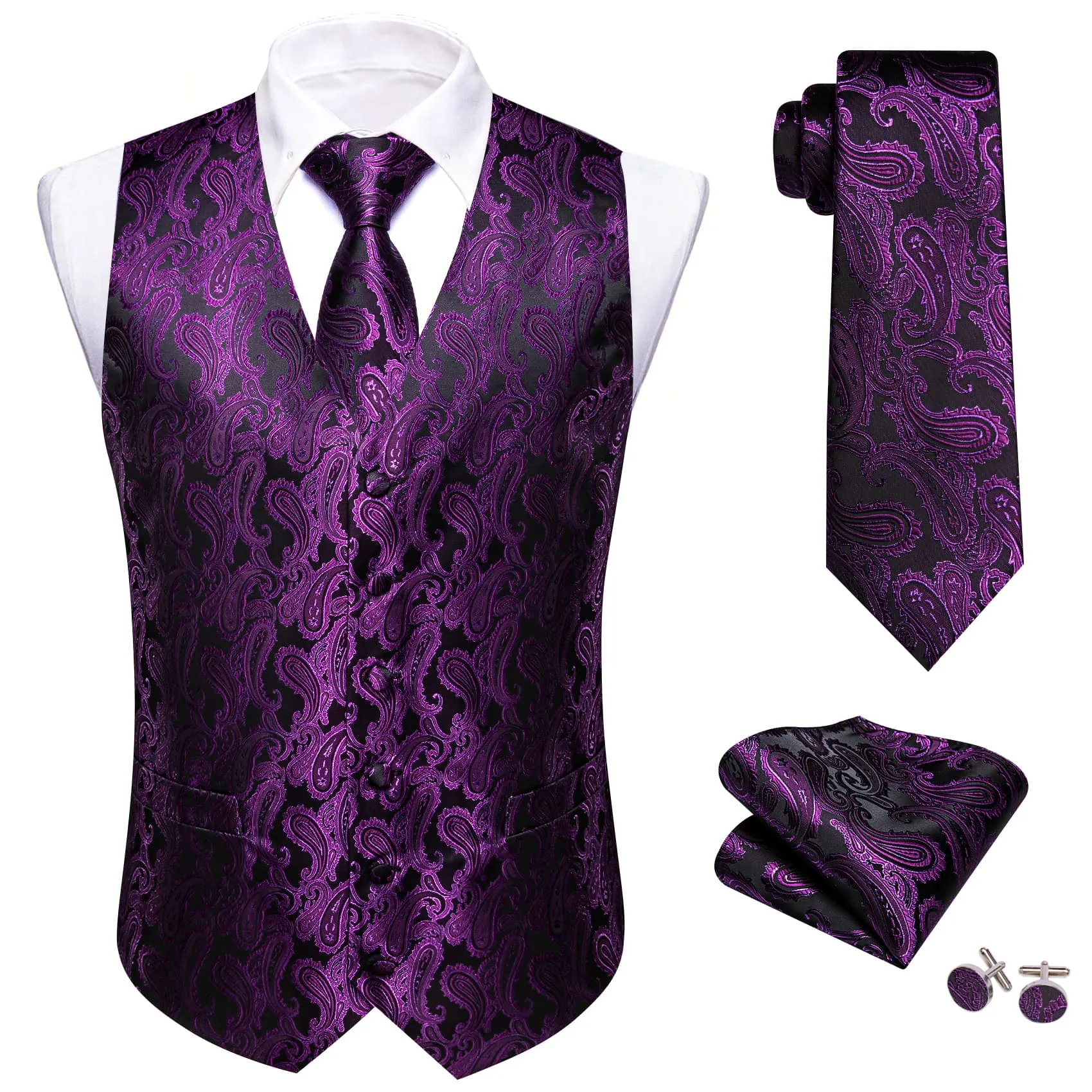 Barry Wang Mens Vest Set Dark Purple Black Paisley V-Neck Waistcoat sold by Barrywang product image thumbnail 2