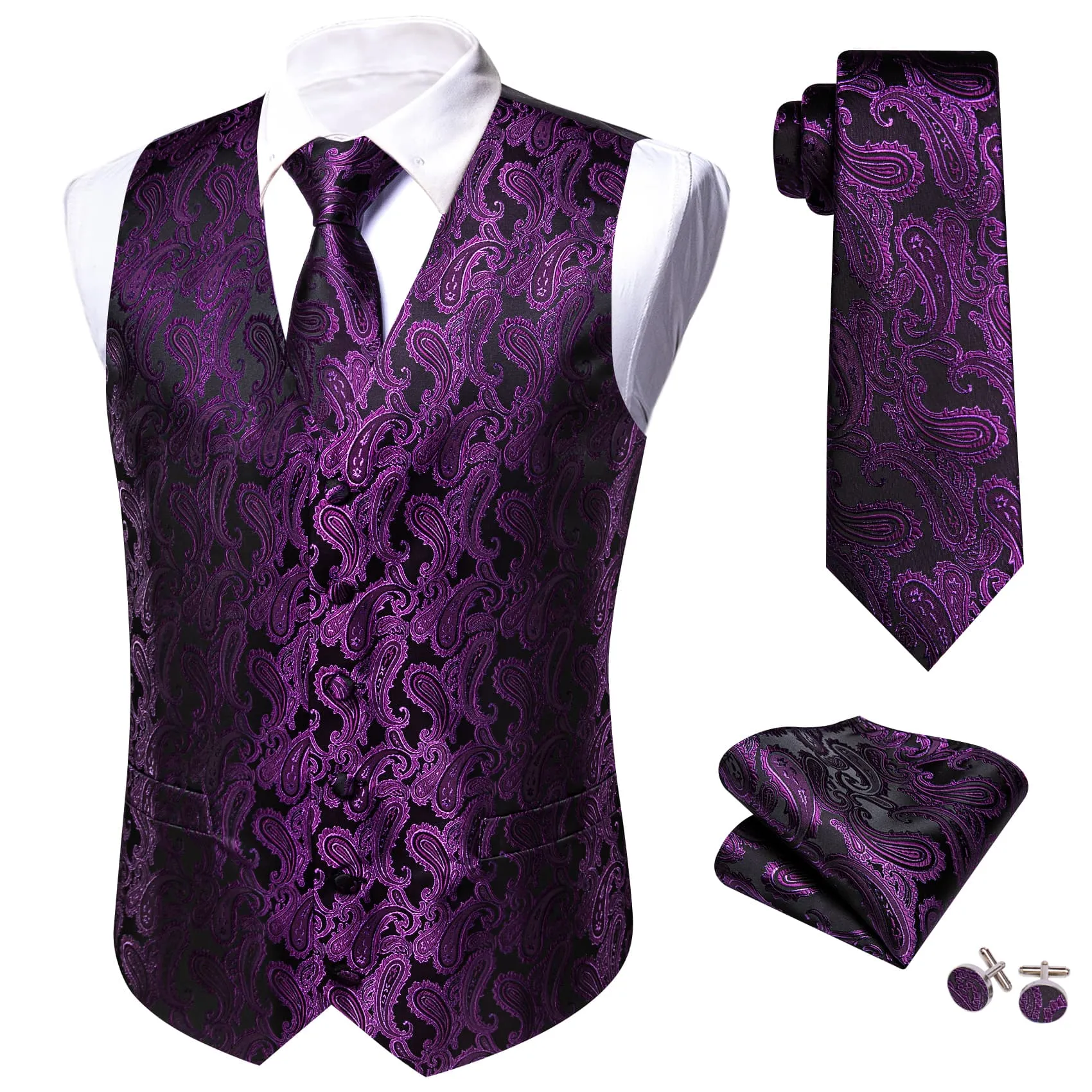 Barry Wang Mens Vest Set Dark Purple Black Paisley V-Neck Waistcoat sold by Barrywang product image thumbnail 3
