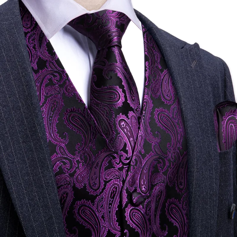Barry Wang Mens Vest Set Dark Purple Black Paisley V-Neck Waistcoat sold by Barrywang