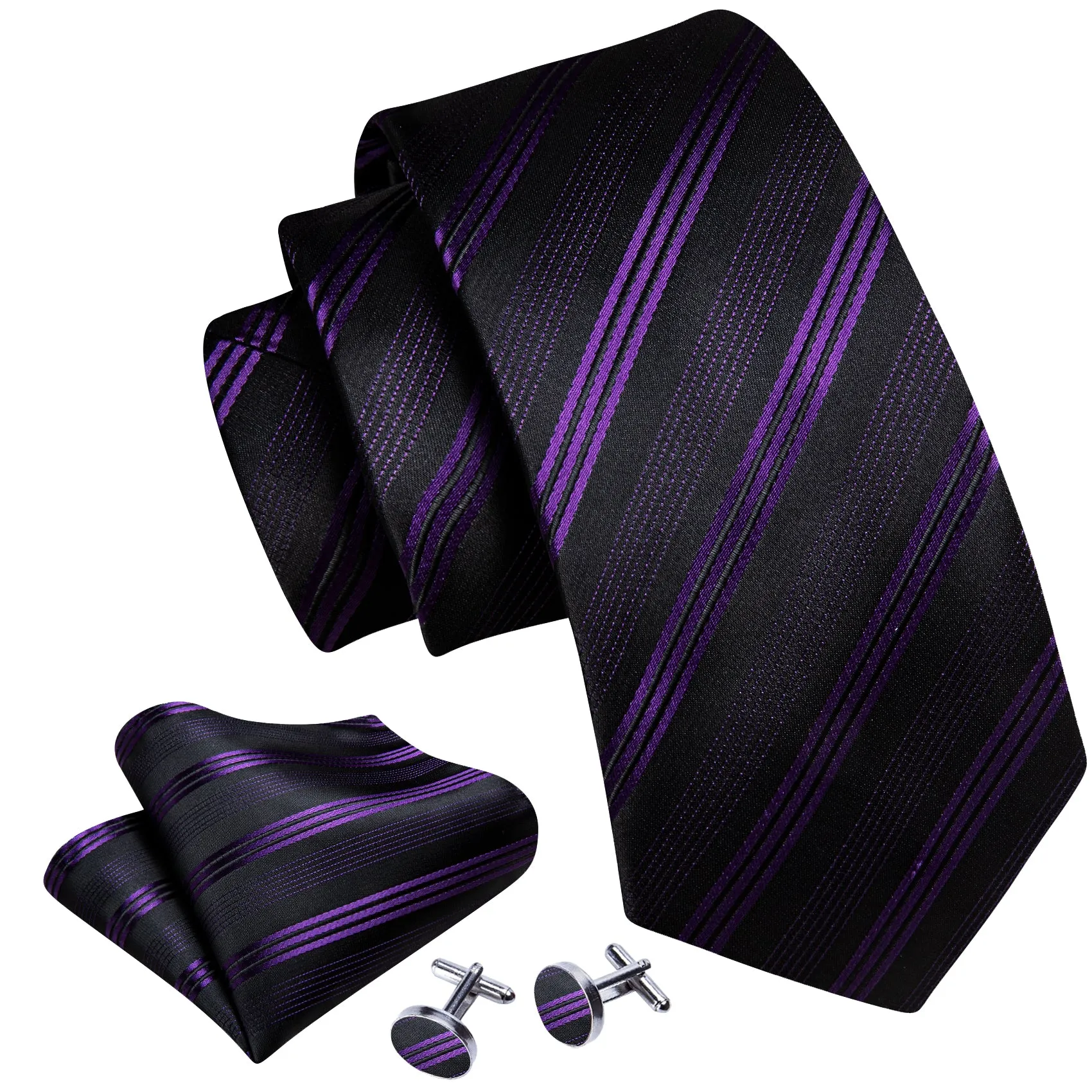 Cyber Monday Flash Sale Barry.wang Black Tie Purple Striped Silk Men's Tie Hanky Cufflinks Set sold by Barrywang product image thumbnail 4