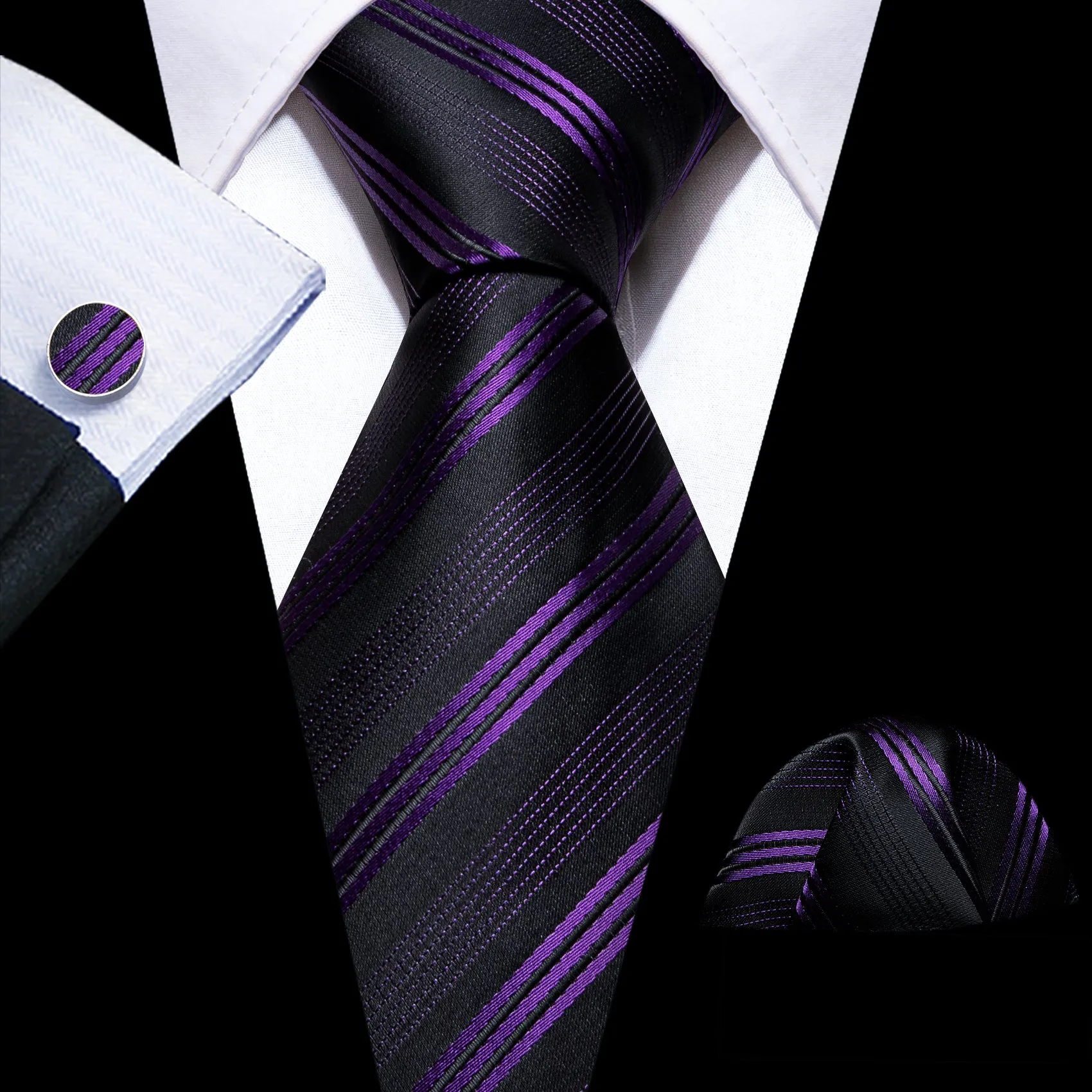 Cyber Monday Flash Sale Barry.wang Black Tie Purple Striped Silk Men's Tie Hanky Cufflinks Set sold by Barrywang